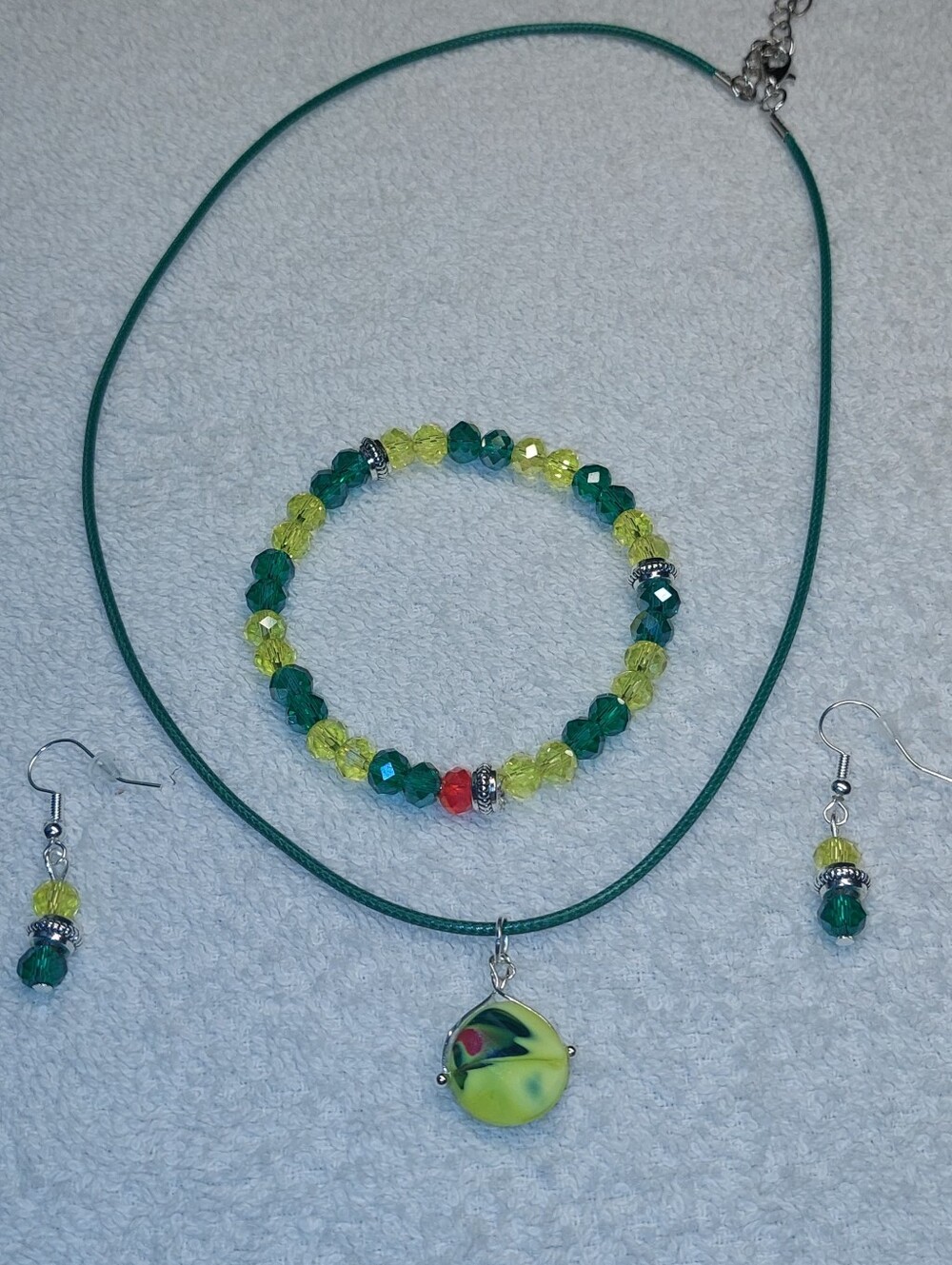 Handmade Green & Yellow Beaded Necklace Set with Pendant